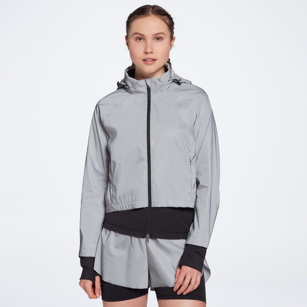 Calia Silver Gray Reflecting Lightweight Hooded Running Workout Jacket Womens L